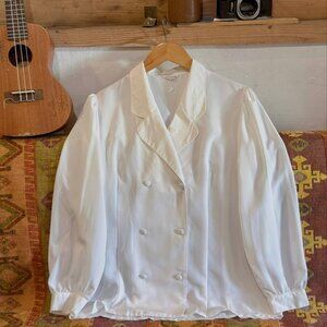White Double Breasted Blouse Puff Sleeve Button Top